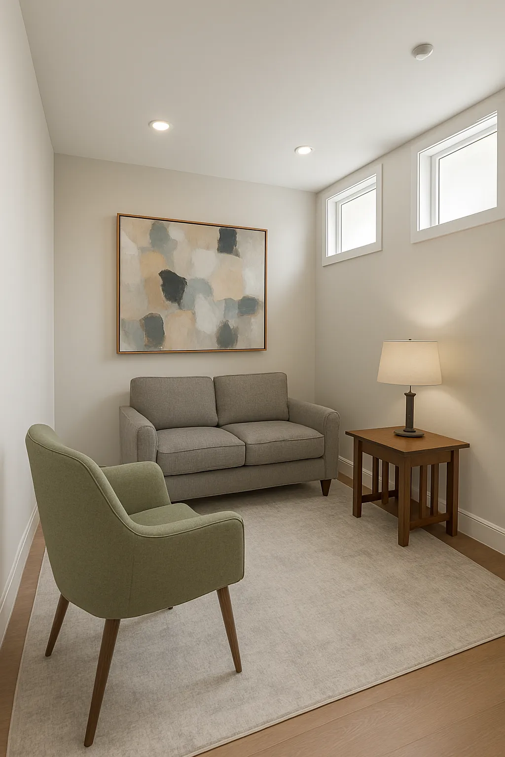Private therapy room with comfortable seating and natural lighting