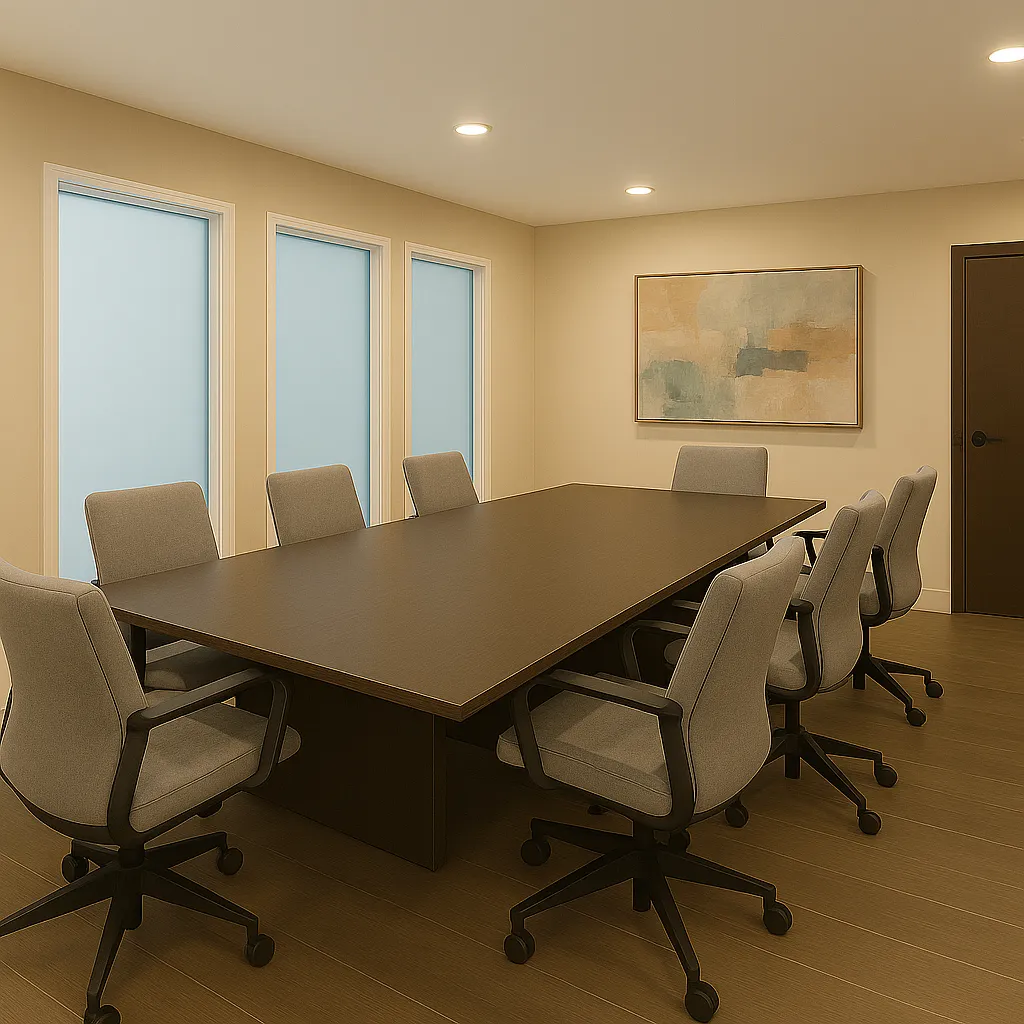 Sound-insulated consultation room with frosted glass panels